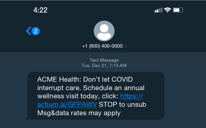 SMS message for care gap closure